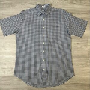 Peter Millar Men Large Gingham Short Sleeve Button Up Shirt Blue White Cotton